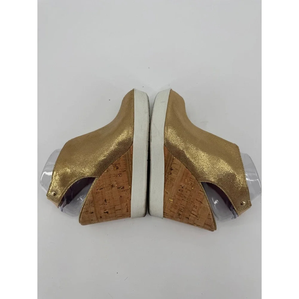 Donald J Pliner Calypso Metallic Gold Cork Wedge Sandals Peep Toe Womens 9M